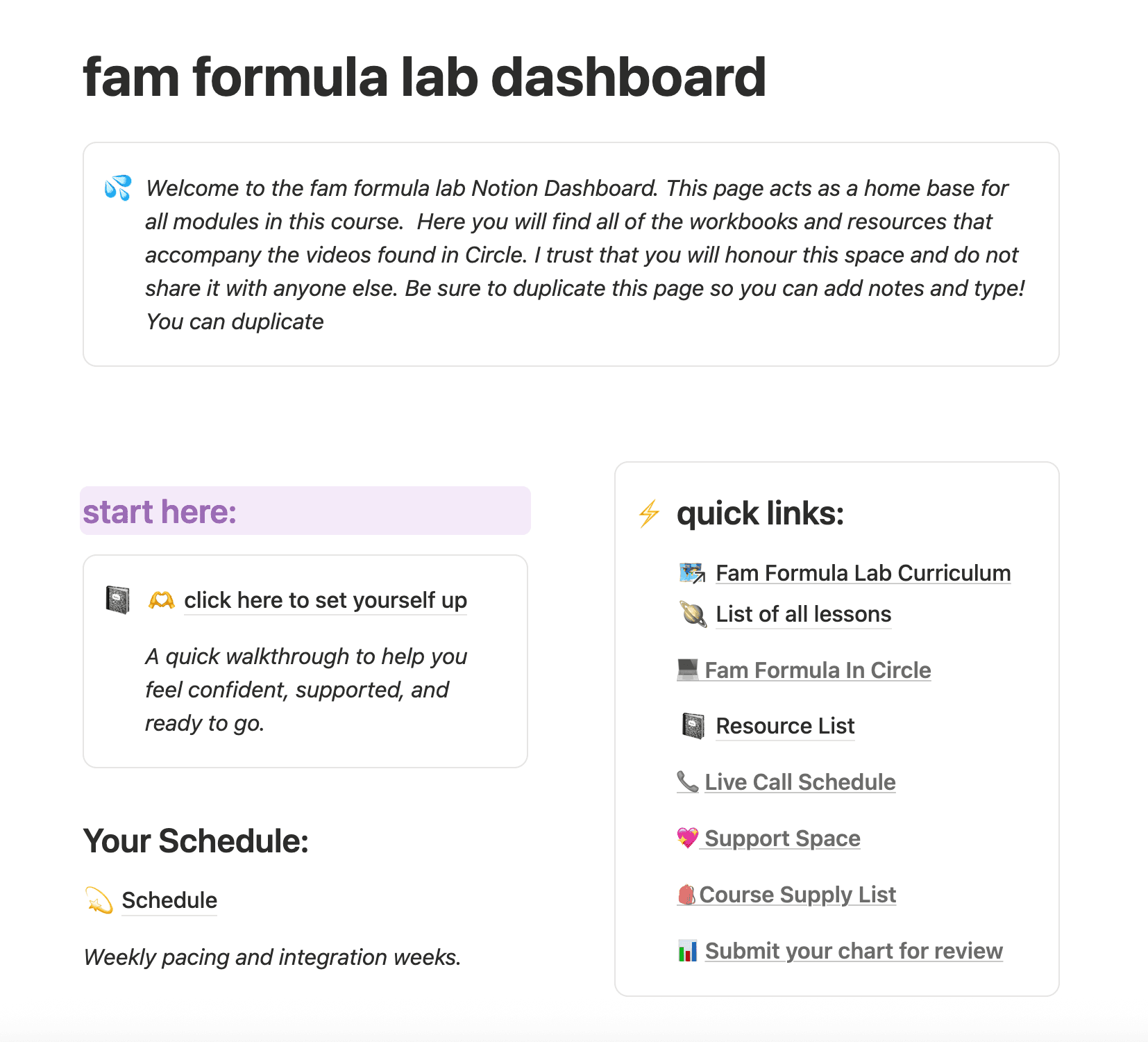 The fam formula 2.0 dashboard, linking the curriculum, the module workbooks, the schedule and the resource list.