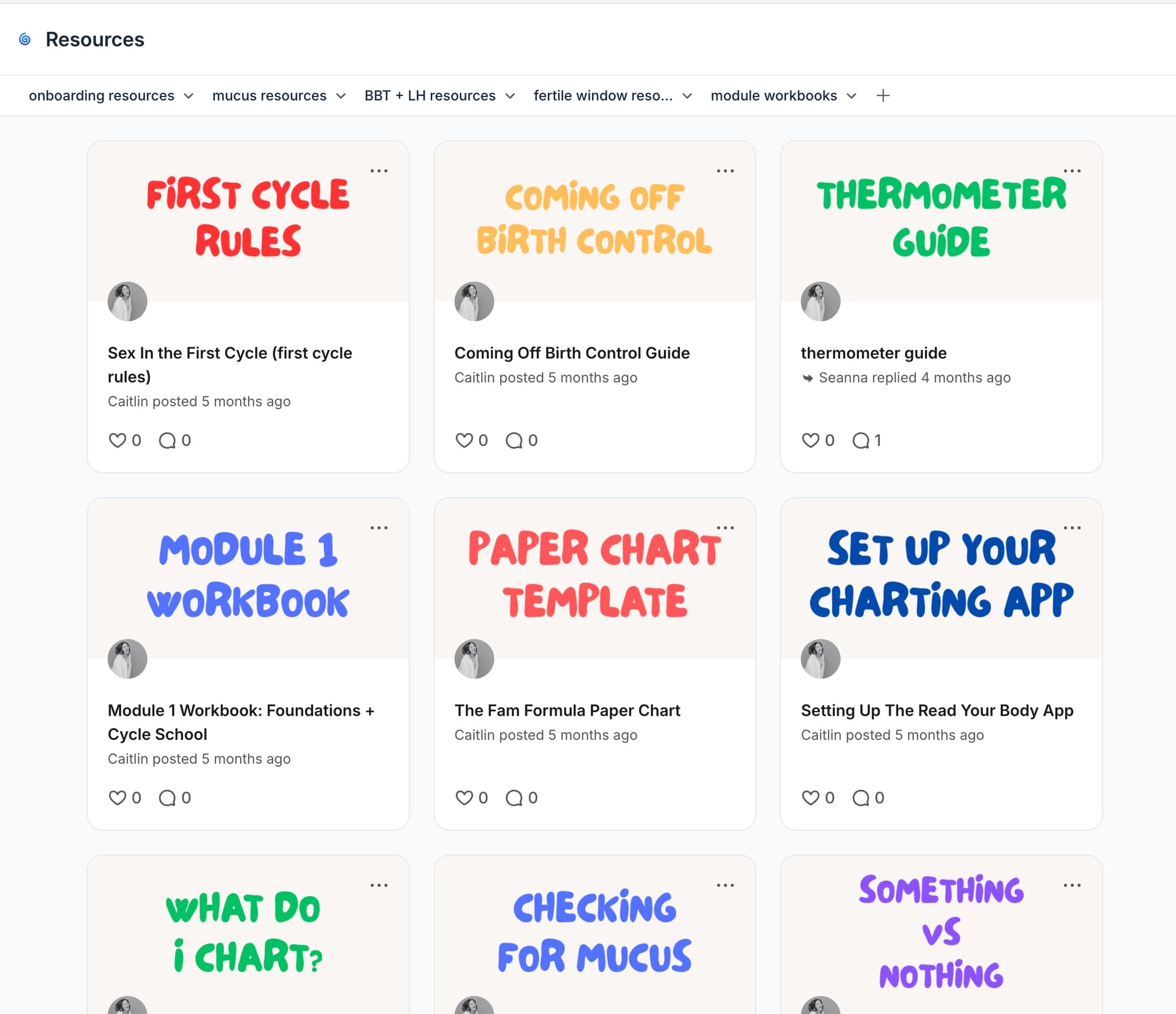The FAM Formula resource library: a grid of guides including first cycle rules, coming off birth control, a thermometer guide and the module 1 workbook.
