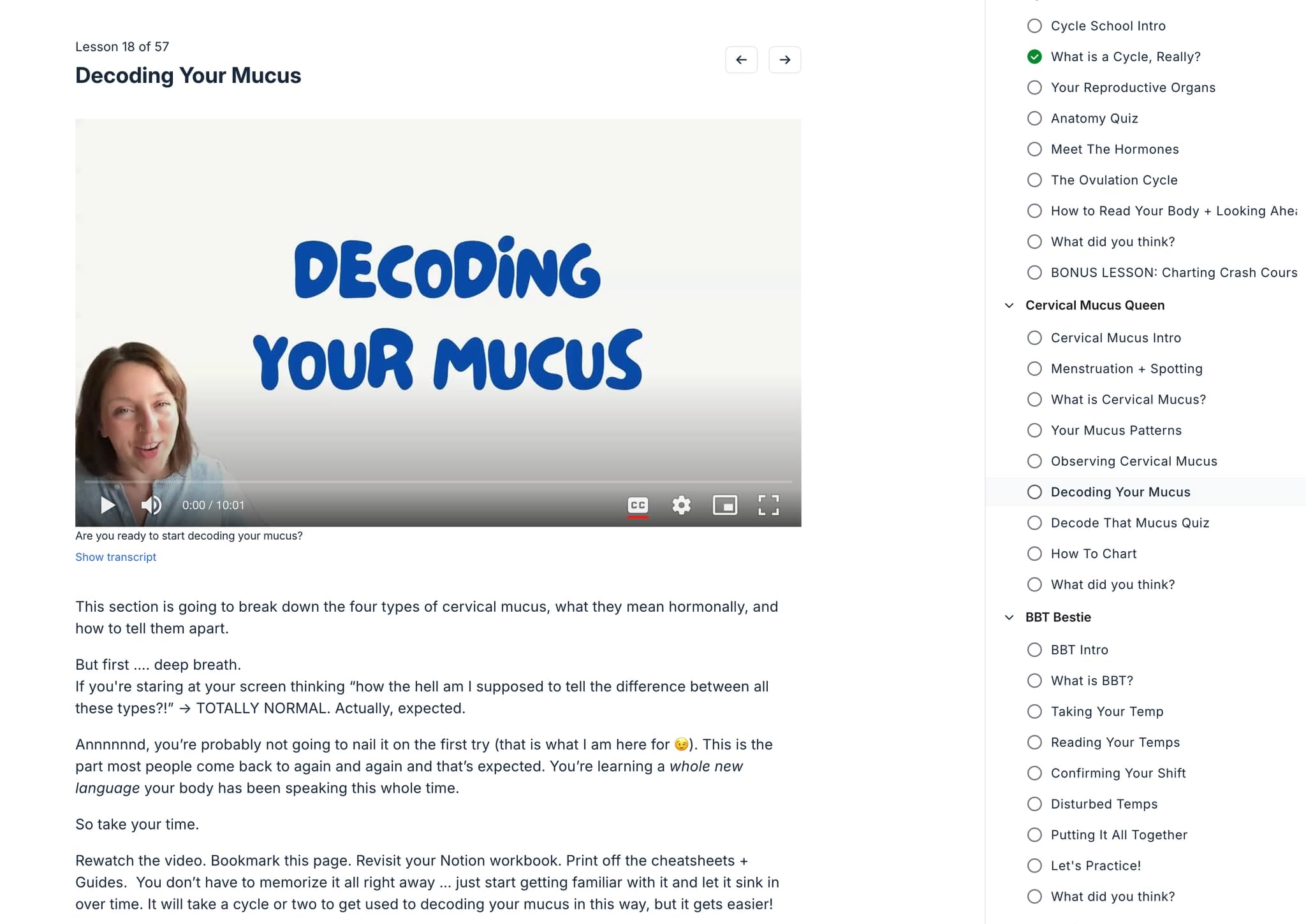 The Decoding Your Mucus lesson, with its video player beside the full course contents.