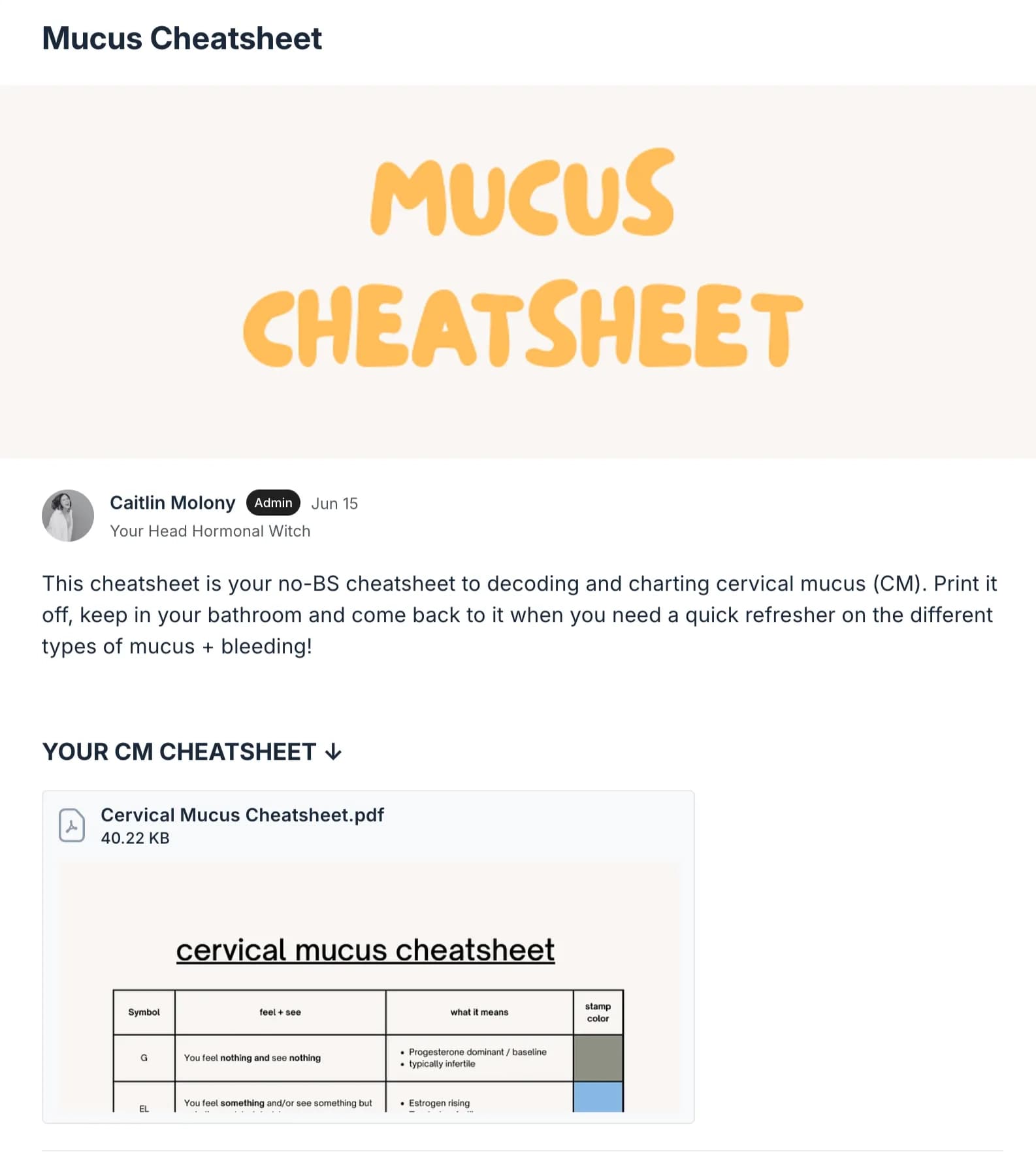 The mucus cheatsheet post, with its downloadable cervical mucus PDF attached.