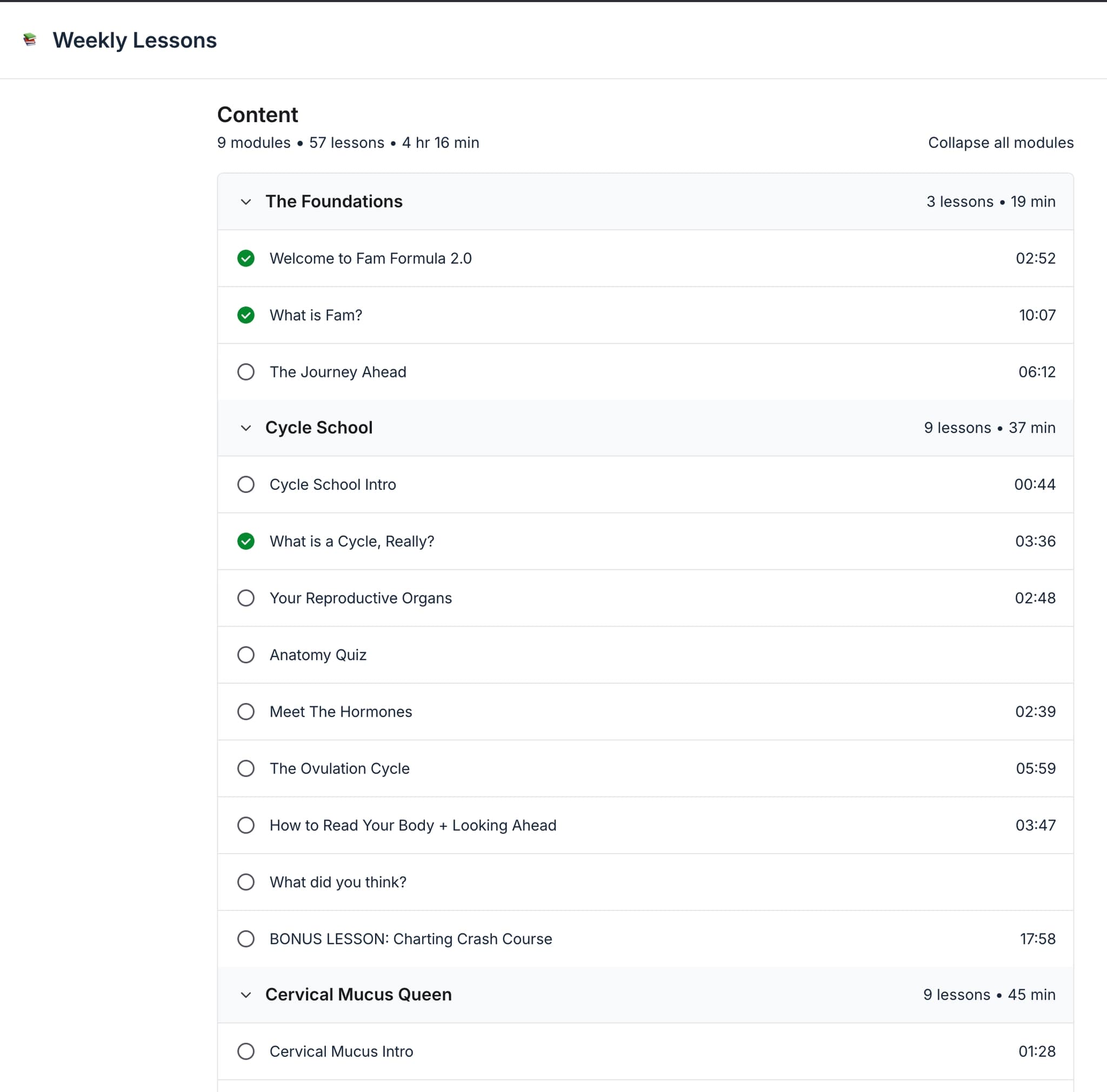 The weekly lessons contents list — nine modules, fifty-seven lessons, four hours sixteen minutes — with completed lessons ticked off.